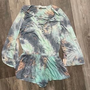 Vintage Havana Tie-Dye Lace Up Bell Sleeve Romper